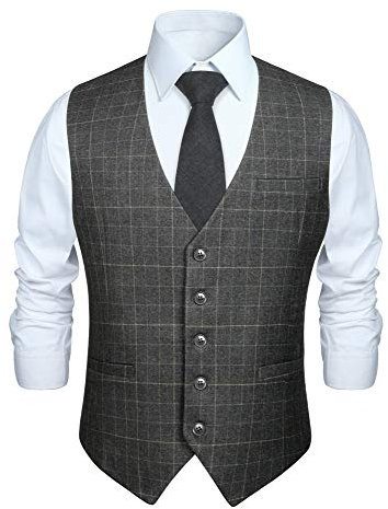 HISDERN Manner grau formale Hochzeitsfeier Weste Baumwolle Plaid hellgrau Kleid Anzug Weste XL