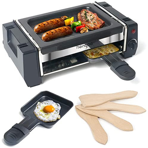 Mini Raclette Grill für 1 bis 2 Personen Tischgrill Elektrisch mit Antihaftbeschichtetem Grillplatte und 2 Raclette Pfännchen & 4 Holzspatel für Grill und Käseschmelze 500W Schwarz
