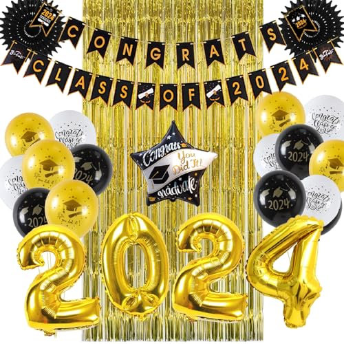 SUNBEAUTY 2025 Abschlussfeier Party Dekoration Congrats Graduation Partydeko 2025 Abitur Graduierung Deko 2025 Abschluss Deko Schwarz Gold Graduation Deko Abitur Bachelor Deko Schulabschluss 2025 Dek