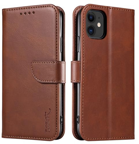 LOLFZ Wallet Case for iPhone 11, Vintage Leather Book Case with Card Holder Kickstand Magnetic Closure Flip Case Cover for iPhone 11 - Coffee Brown