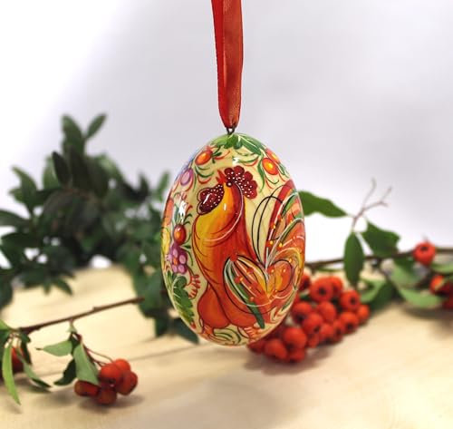 Exklüsives Kunstvoll Bemaltes Osterei mit dem Hahn Aus Holz 6-6,5 Cm Ukrainische Osterdekoration Mit Petrykiwka Muster