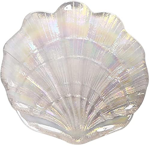 HugeDE Glitter Glass Jewelry Dish Tray Sparkle Iridescent Seashell Shell Soap Dish Jewelry Organizer for Women Girls