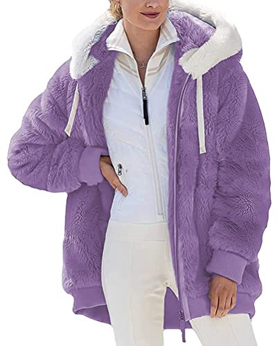 Onsoyours Giacca in Peluche da Donna Tinta Unita Risvolto Cappotto con Cerniera Casual Cardigan Calda Parka Capispalla Moda Cappotto Corto Capispalla Invernale C Viola M