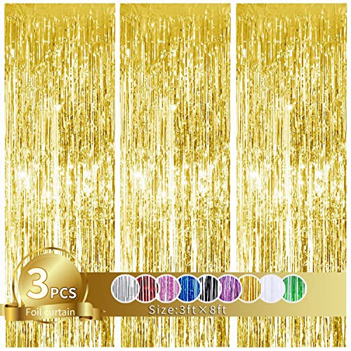 3Pcs Gold Metallic Tinsel Foil Fringe Curtains,3.28ft x 8.20ft Gold Photo Booth Backdrop Streamer Curtain,Photo Booth Props,Ideal Bachelorette Party Supplies, Birthday, Christmas,New Year Decorations