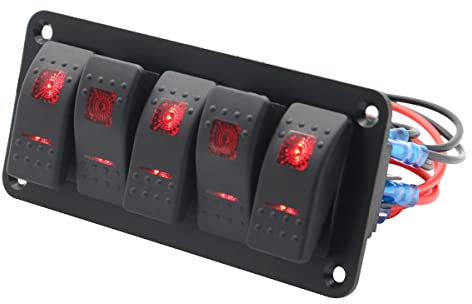 5 Gang Wippschalter Panel, MoreChioce 12V/24V EIN/Aus Kippschalter Vorverdrahteter Wippschalter Wasserdichtes Rocker Switch Panel mit Rote LED für Auto Marine Boot Wohnmobil LKW