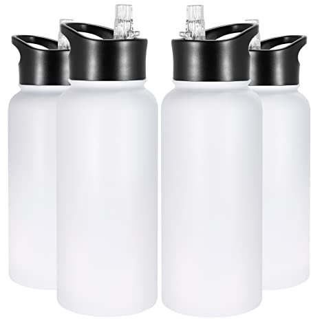 VQRRCKI 900 ml Edelstahl-isolierte Wasserflaschen mit 2 Deckeln, BPA-frei, wiederverwendbare Metall-Sport-Wasserflaschen-Set für Fitnessstudio, Reisen, Laufen, Wandern, Weiß, 4er-Pack