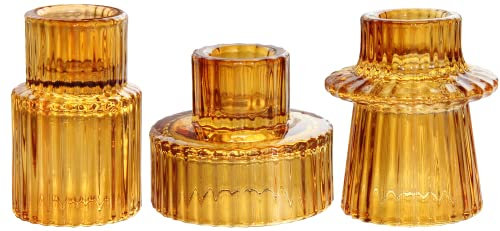 HofferRuffer Kerzenhalter 3er Set Teelichthalter Kerzenständer Glas Kerzenleuchter für Stabkerzen und Teelichter,Tischdeko Deko,Hochzeit,Party,Geschenke(Bernstein)