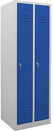 STIER Garderobenspind 2 Abteile, Maße 1800 x 590 x 500 mm, enzianblau, abschließbar, inkl. Zubehör wie Kleiderstange und Fachboden, mit Lüftungsschlitzen, abschließbar