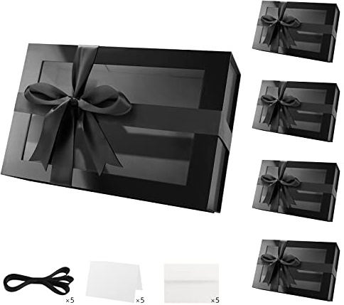 PACKQUEEN 5 große schwarze Geschenkboxen mit Fenster, 34,9 x 22,9 x 10,4 cm, transparente Geschenkboxen für Geschenke enthalten Bänder, Karten, Trauzeugen-Antragsboxen, Boxen mit magnetischen Deckeln