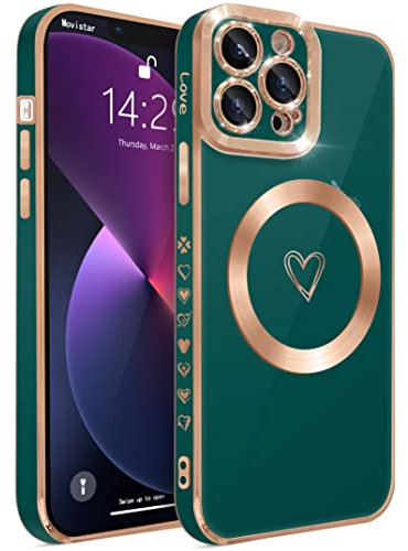HZLFCZL Kompatibel mit iPhone 13 Pro Max Hülle Case Fall MagSafe,Full Camera Objektiv Schutz Luxus Galvanisierte Nette Herz Magnetische Hülle für iPhone 13 Pro Max für Frauen Mädchen(Dunkelgrün)