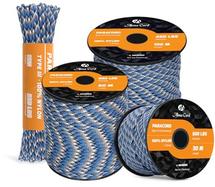 Abma Cord Paracord 550 4mm 100M 100% Nylon Seil Typ III Schnur mit 7 Kern für Basteln, Camping, Survival, Outdoor - Max. 250kg (550lbs) - Blau Tarnung