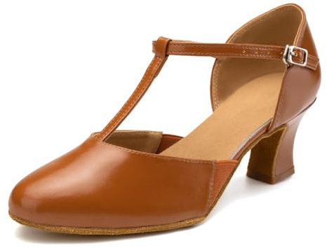 RUYBOZRY Women's Ballroom Dance Shoes Closed Toe Leather Latin Salsa Tango Modern Character Dancing Shoes,with 6cm Heel Suede Sole,Bronze,6UK