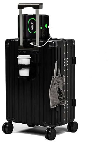 LANMOU Valise Grande Taille, Cabine de Voyage Cadre en Aluminium, Trolley Bagages À Coque Dure en ABS Léger avec Porte-gobelet, Crochet, Port de Charge USB (Noir, 24 Pouces)