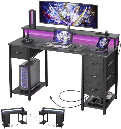 BEXEVUE Gaming Schreibtisch mit Steckdosen LED - 120x50 cm Moderner Computertisch mit Tastaturablage, 4 Umkehrbare Schubladen, Großes Lagerregal zum Lernen Spielen Arbeiten Schlafzimmer Heimbüro