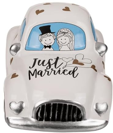 BLUECHOLON Spardose Auto Hochzeit Keramik Just Married mit Deckel und Schlüssel, Geldbörse, Sparschwein, Art Deco, Türkis, Hochzeitsgeschenk für Paare und Neuvermählte
