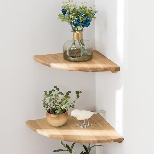 Gieanoo Eckregal Hängeregal, Eiche Massivholz Eckregal runde Enden Wandregal Holz Vintage Landhausstil Regal für Schlafzimmer Wohnzimmer Radius 18cm (Eiche, 18cm(2er Set))