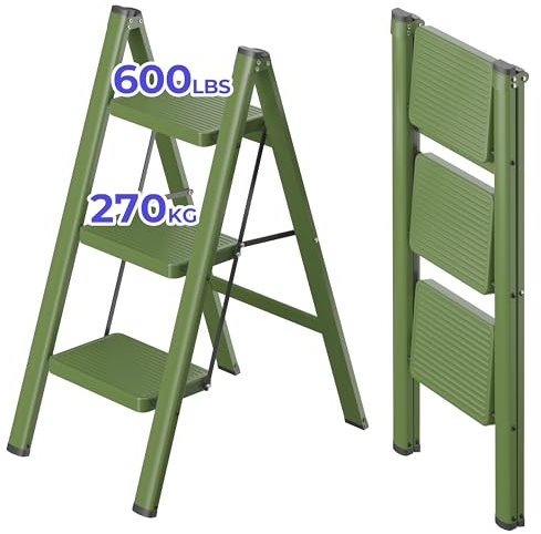 JOISCOPE 3 Stufen, Klappbarer Tritthocker aus Eisen mit Breiteren, Rutschfesten, Gepolsterten Stufen, Mehrzweckleiter für Küche, Haus und Büro, 600lbs Belastbarkeit, Grün