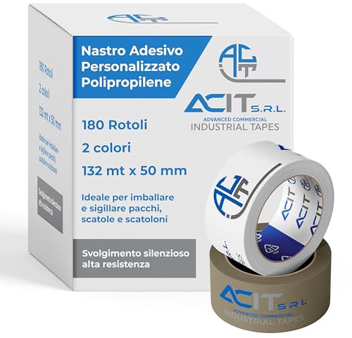 ACIT Nastro adesivo personalizzato, Nastro da imballaggio per pacchi e scatoloni per trasloco, nastro adesivo personalizzato con logo, 180 rotoli, 2 colori, 132mt (2 colori)