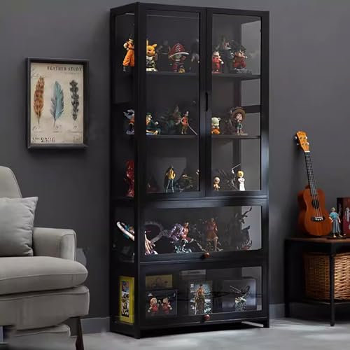 KUYATE Glasvitrine, antiker Vitrine mit Glastür, antiker Schrank, Vitrine, natürlicher Bambusrahmen, Einzel-/Doppeltür-Design, praktische Aufbewahrung, 80 x 32 x 170 cm, Schwarz