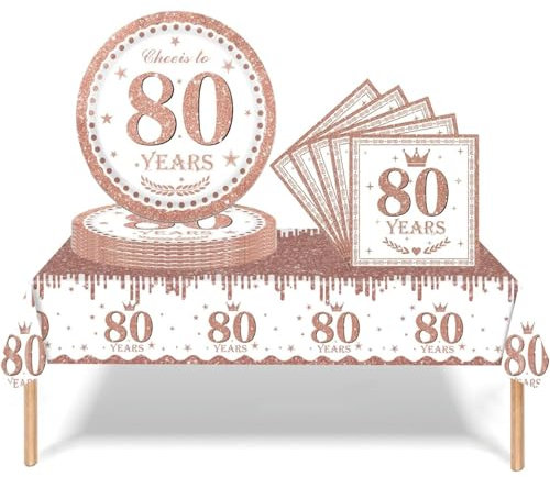 Partygeschirr 80. Geburtstag Roségold Frauen,37 Stück Roségold 80. Geburtstag Dekorationen Tischdecke Papier Platten Servietten für Erwachsene Sie Ihn 80. Geburtstags Geschenk Tischdekoration
