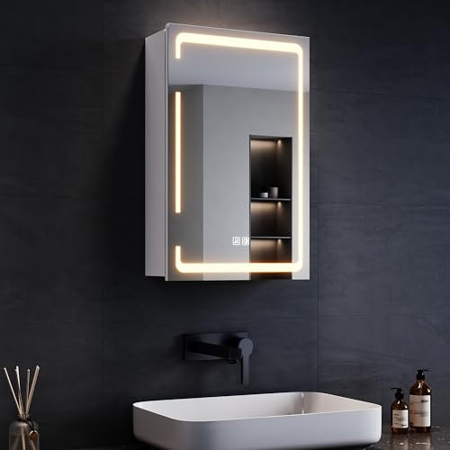 SONNI LED Spiegelschrank 3 Lichtfarbe Einstellbarn, Spiegelschrank Bad mit Beleuchtung und Beschlagfrei LED Badezimmerschrank mit Kabelloses Scharnier Design Medizinschrank