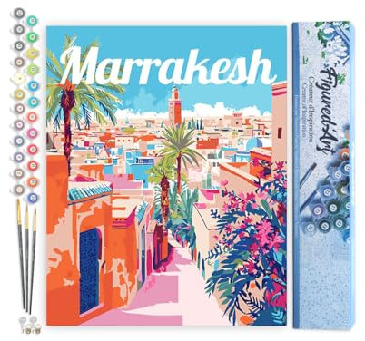 Figured'Art Peinture par Numéro Adulte Affiche de voyage Marrakech - Activité Manuelle Kit de Loisir Créatif DIY Numéro d'Art Complet - 40x50cm sans châssis en bois