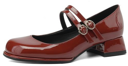 Lizoleor Tacco Basso con Cinturino alla Caviglia Mary Jane Vernice Donna Scarpe Tacco A Blocco Comodo Eleganti Concise Square Toe Bowknot Rosso Numero 39 EU/40Cn