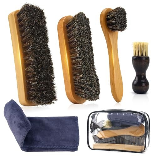 IKI Schuhbürsten Set 6-TLG. für Ledershuhe - Reise-Set mit 4 Bürsten Pferdehaar & Buchenholz + Reinigungspaket (Mikrofasertuch & Tragetasche)