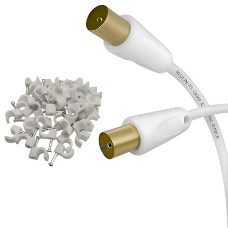 Reulin 2.5 Meter Lang 3C2V Schlankes Vergoldetes TV Antennenkabel, 2.5M Männlich - Weiblich mit Clips Antennen Koaxial Kabel 2,5 M Weißes Koaxialkabel 75 OHM 2.5Meter