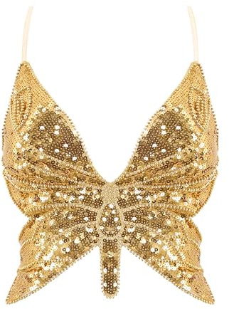 Mocure Damen Bauchfreies Top mit glitzernden Schmetterlingspailletten, sexy, trendig, ärmellos, niedlich, Schmetterlings-Neckholder-Top, Rave-Wickel-Top