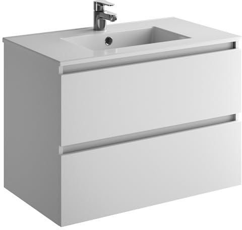 Jacob delafon Conjunto Mueble de baño y Lavabo de 80 cm Mueble Blanco con 2 cajones de Cierre amortiguado Lavabo Plano. Ola EB1351-N01
