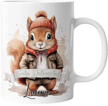 Tasse zu Weihnachten | Weihnachtstasse Tiere - Personalisiert mit Namen | Frohe Weihnachten - Kaffeetasse für Jungen und Mädchen - Eichhörnchen | mug-txZ-134