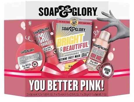 Soap and Glory You Better Pink! Mini Gift Set | Luxurious Body Care with Body Wash, Butter & Scrub + Radiance Boosting Sheet Mask | Perfect Birthday Gifts for Skin Care Lovers | Pack of 4