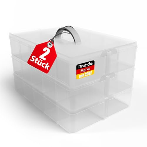BigDean Sortierbox 2 Stück Aufbewahrung mit Griff, Transparent, 24 x 18,5 x 16 cm, 3 Etagen m. 21 Fächern,für Spielzeug,Büro-Utensilien,Bastel-Material,Kleinteile
