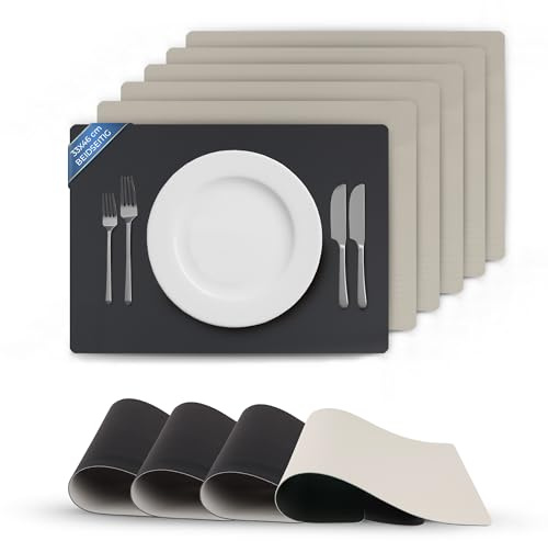 Bestlivings Tischset (6er Set) abwischbares Lederimitat Platzdeckchen 46x33cm - Doppelseitiges (Schwarz/Hellgrau) Kunstleder Platzset