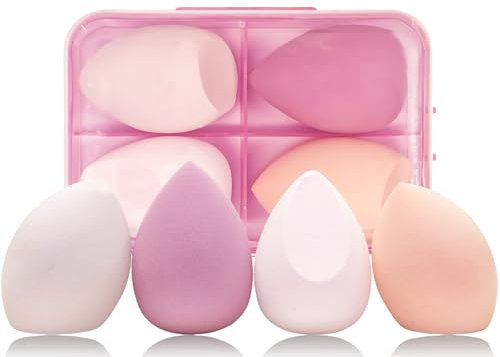 AmiCera Makeup Sponge, Beauty Blender 4 Pack Latex Free Beauty Makeup Powder Puff Blending Blender Foundation Concealer for Liquid, Powders, Creams, with 1 Sponge Holder Case, Pink