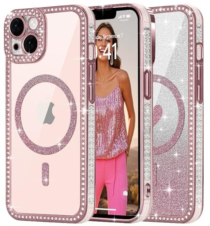 Ethanger for Magnetic Glitter Phone Case for iPhone 13, Sparkling Rhinestone Border with Removable Glitter Insert Compatible with MagSafe Girly Women Cover for iPhone 13, Pink