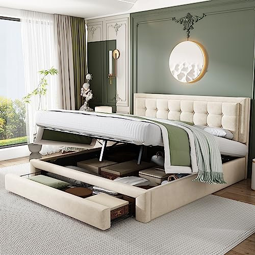 Upholstered Double Bed 135 x 190cm, Ottoman Storage Bed with Hydraulic Lever and Drawer, Large Storage Space, Velvet Fabric Ottoman Lift Up 4FT6 Double Bed Frame, No Mattress (Cream, 135x190CM)