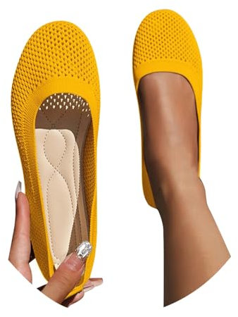 ballerinas damen weiss elegant, Damen Ballerinas Bequem Slip On Ballerina Schuhe Rutschfest Flache Stricken Sommerschuhe Trachtenschuhe Sommer Elegant Dirndl Schuhe Weiche Tanzschuhe, Gelb, 39
