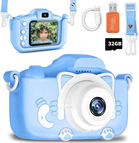 Appareil Photo Enfant Fille Garçon, Caméra Numérique 1080P HD 40MP avec Carte 32 Go pour Enfants de Plus de 3 Ans, Idéal Cadeau de Noël Anniversaire Fête, Bleu-Chat