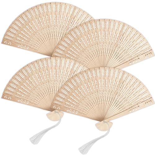 Bamboo Folding Fan Set,Paper Fans Handheld,Wooden Folding Fan,Sandalwood & Silk Handheld Fans with Decorative Hollow Carving, Chinese & Japanese Style Wedding Fans for Cooling, DIY Decor, and Parties