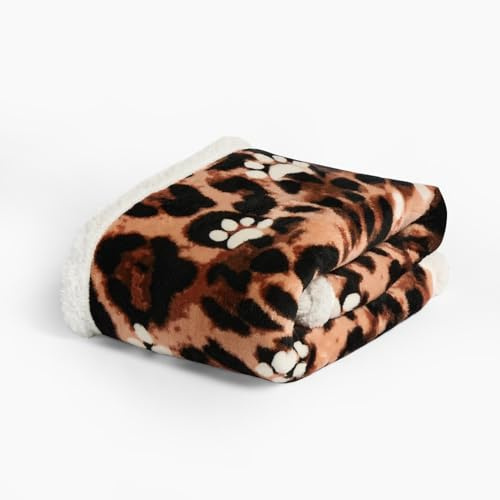 OHS Dog Blanket Leopard Paw Print Large Sherpa Fleece Blanket Dogs Cat Couch Protection Super Soft Plush Dog Mat Fluffy Warm Reverse Throw for Bed & Sofa, Natural - 100 x 120cm