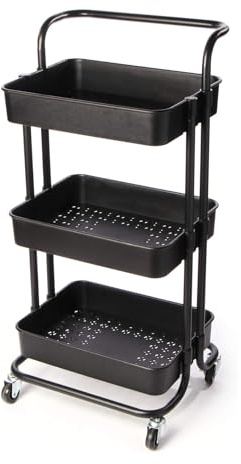 Black 3-Tier Storage Trolley on Wheels, Utility Cart Shelves Unit | 3 Tier Cleaning Trolley, Rolling Cart Makeup Storage, Bathroom Shelving Cleaning Caddy - Ideal for Kitchen, Bathroom, Utility