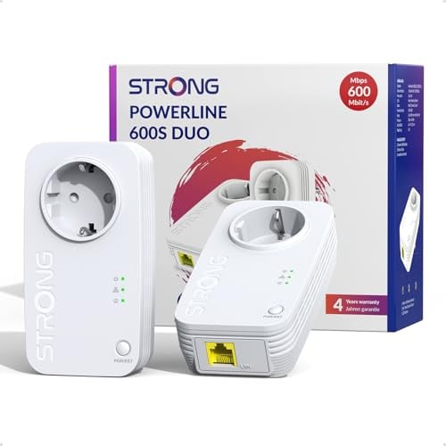 STRONG AV600 Kit Powerline con Presa Integrata, LAN 100 Mbps, Kit da 2 | Plug & Play, Connessione Sicura, Risparmio Energetico, Compatibile con Ogni Router, Ideale per TV, PC e Lavoro da Casa