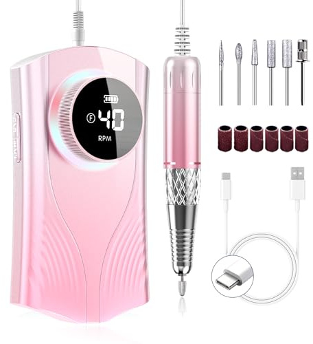 Electric Nail Drill Machine Professional, Cordless Rechargeable Nail Drill Kit Low Heat Quiet E-File for Acrylic Gel Polishing Removing with Bits Kit for Manicure Salon Home (Pink)