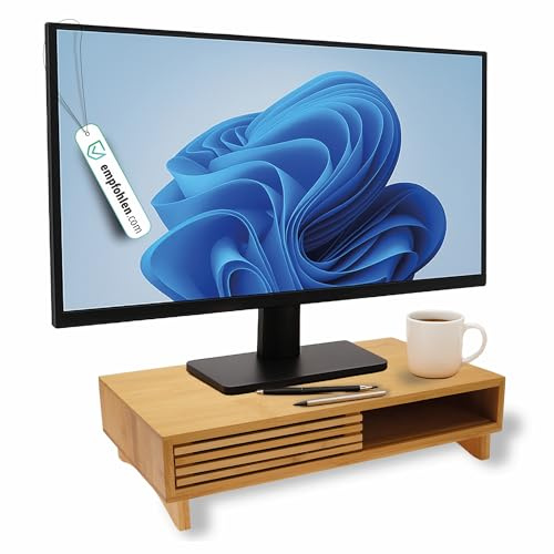 pixly® Monitorständer mit Schiebefach 42x24x10,5 cm ergonomische Monitorerhöhung Holz mit Stauraum Schreibtisch Organizer nachhaltiger Bildschirmhalter Bildschirm & Computer Tisch mit Schiebefach