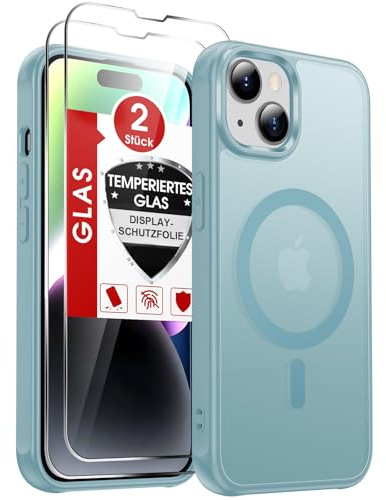 LeYi für iPhone 14 Hülle für Magsafe mit 2X Panzerglas Handyhülle-MinzBlau | Handy hülle Ultra Dünn Magnetisch Schutzhülle Schutzglas Matt Transluzent Stoßfest Case Cover für i Phone iPhon 14
