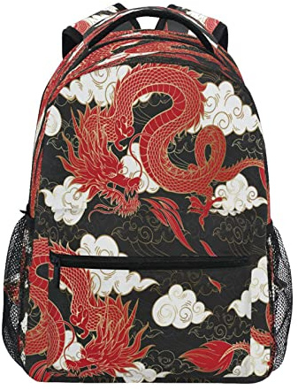 fifbird Unisex Rucksack Rot Chinesischer Drache und Wolken Schule für Reise Büchertasche für Studenten Drachen Schultasche Rucksäcke