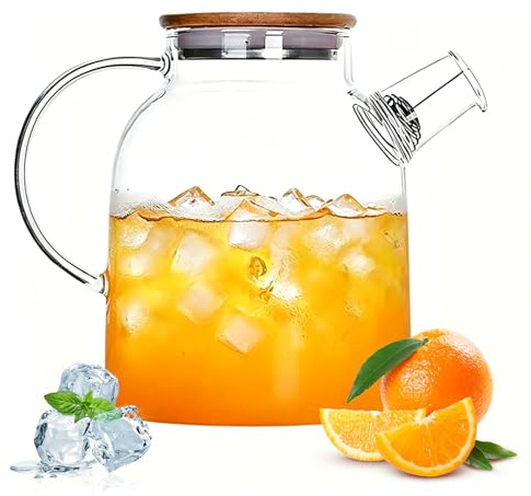Théière avec filtre amovible, 1800 ml, en verre borosilicate, transparente, résistante à la chaleur, design pour thé, thé floral, jus, boissons chaudes
