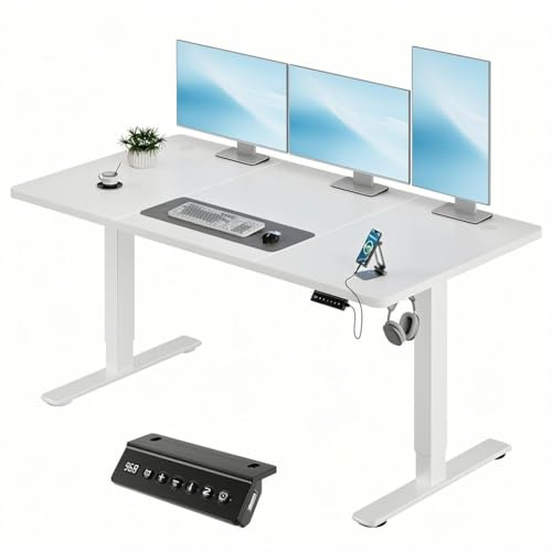 JUMMICO Höhenverstellbarer Elektrischer Schreibtisch 160 x 70 cm mit USB Ladeanschluss, Schreibtisch Höhenverstellbar, Ergonomischer Steh-Sitz Tisch Wolkenweiß
